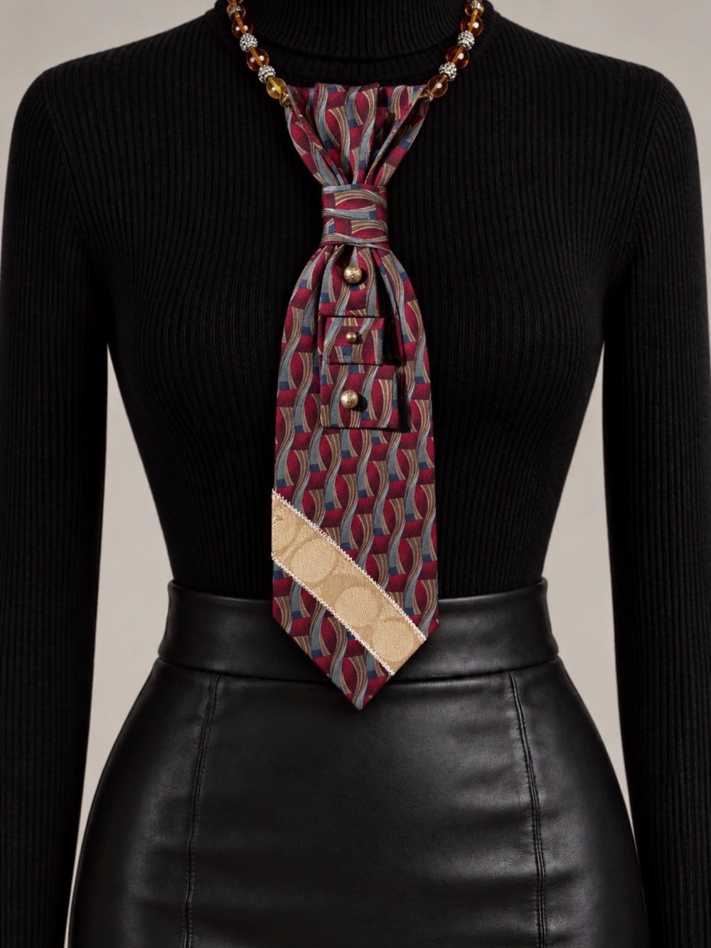 Burgundy Geometric Upcycled Necktie Necklace Coach Accent Vintage Beads Chic
